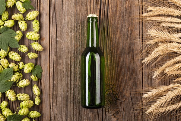 Top view beer bottle with ingredients. Resolution and high quality beautiful photo