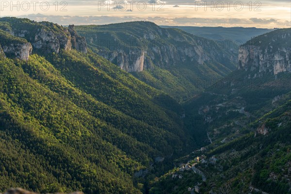 View of the Gorges de la Jonte and the village of Le Truel in the Cevennes National Park. Aveyron