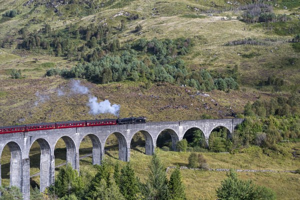 Glenfinnan Viaduct from the Harry Potter films with steam locomotive