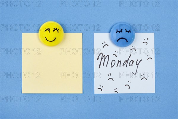 Top view faces with emotions sticky notes blue monday. Resolution and high quality beautiful photo