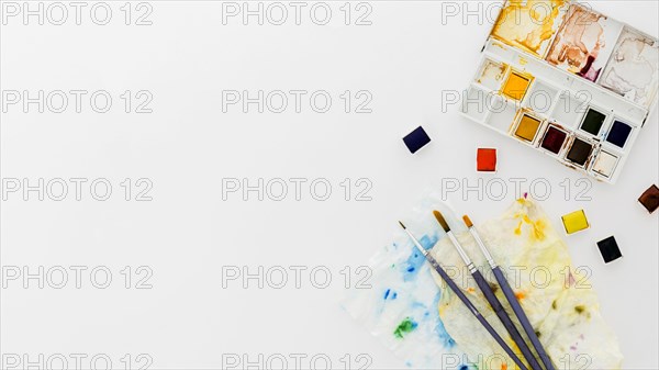 Top view paint brushes watercolors with copy space. Resolution and high quality beautiful photo