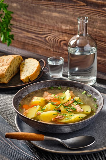 Red salmon fish soup with potato and carrot