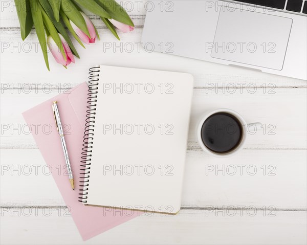 Flat lay agenda coffee tulips