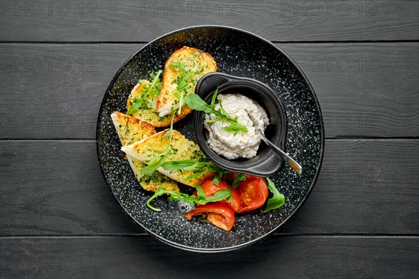 Overhead view of toasted garlic bread