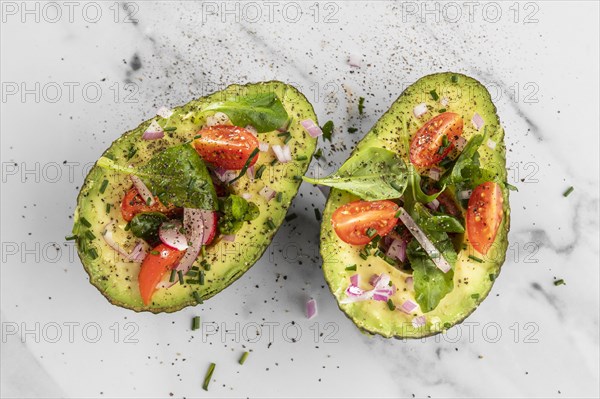 Flat lay delicious healthy salad avocado composition