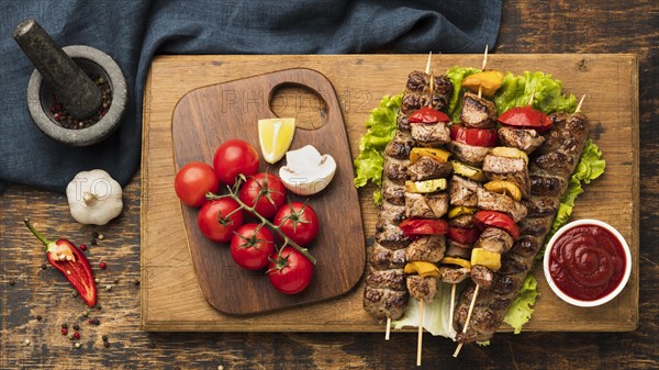 Top view delicious kebab with meat vegetables chopping board. Resolution and high quality beautiful photo