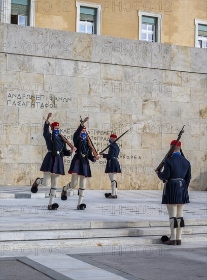 Detachment of the Presidential Guard Evzones in front of the Monument to the Unknown Soldier near the Greek Parliament