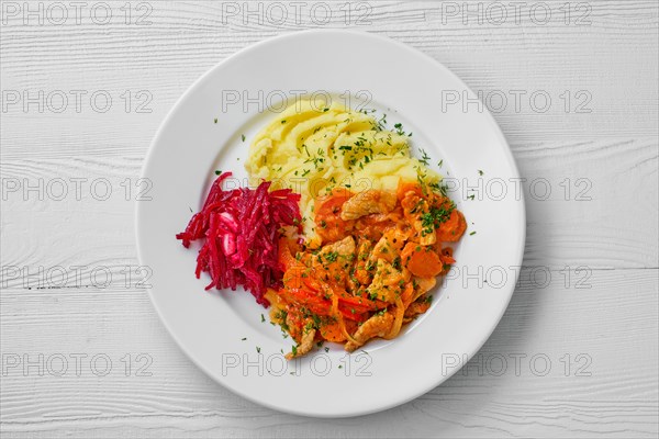 Top view of plate with beef goulash