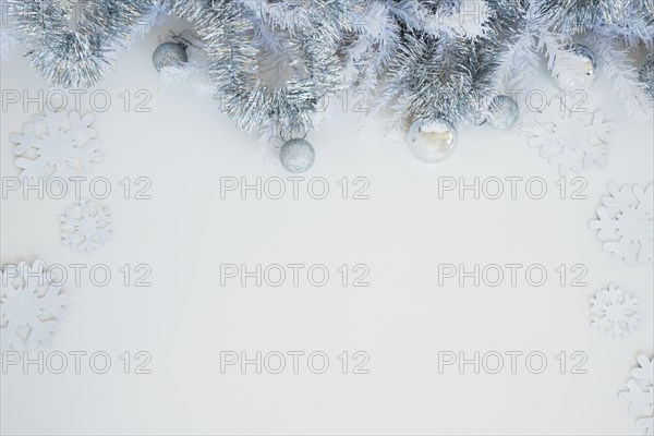 Tinsel with shiny baubles table. Resolution and high quality beautiful photo
