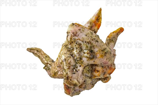 Raw piece of chicken with spice and sauce prepered for barbecue. Gastronomy template isolated on white background