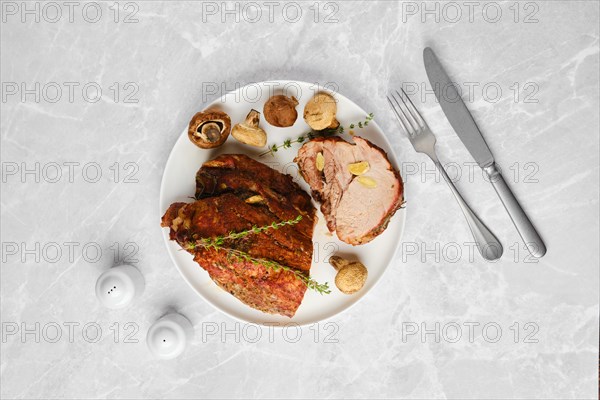 Overhead composition of roasted spicy pork neck