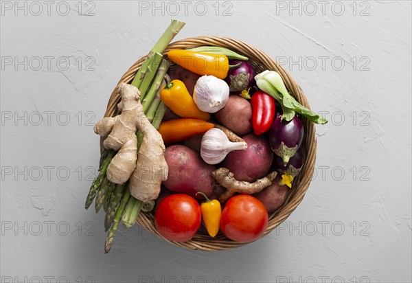 Top view basket with assortment vegetables. Resolution and high quality beautiful photo