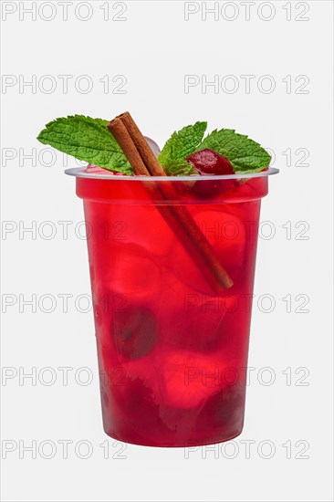 Mint and cherry lemonade in plastic take away glass