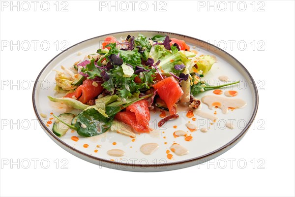 Salad with smoked salmon and fresh vegetables isolated on white background