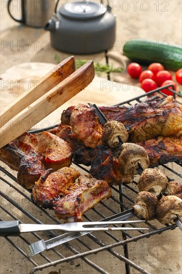 Grilled ribs and champignon on skewer served with fresh cucumber and tomato on wooden table outdoor