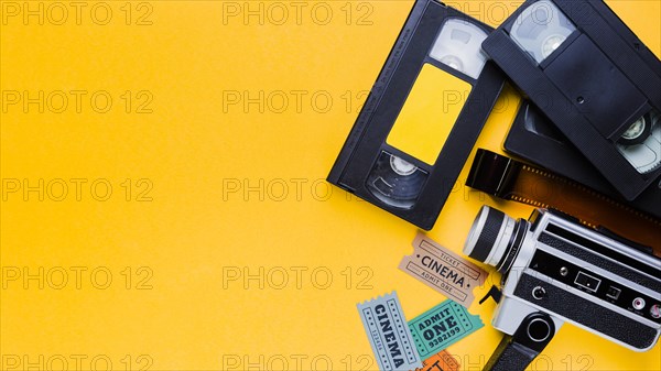 Videotape with vintage videocamera and cinema tickets. Resolution and high quality beautiful photo