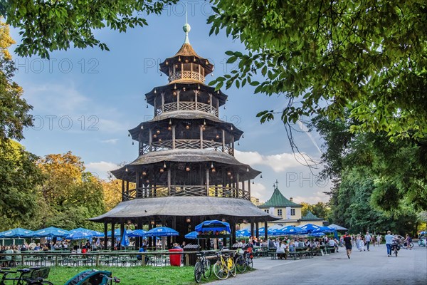 Beer garden at the Chinese Tower in the English Garden in the evening sun