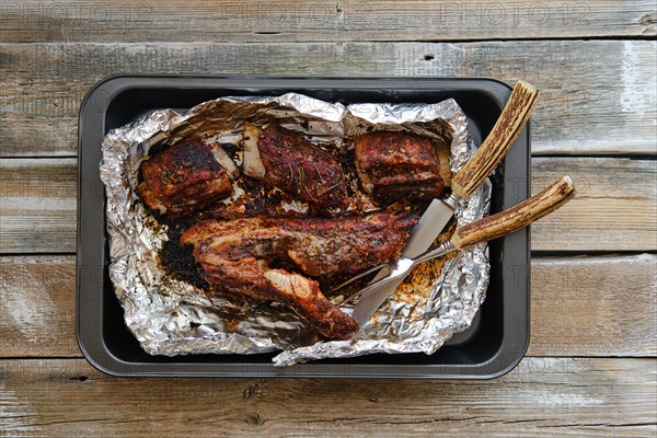 Top view of beef ribs baked in oven