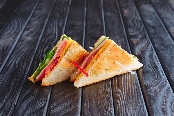 Appetizer for reception. Two mini club sandwich on wooden table