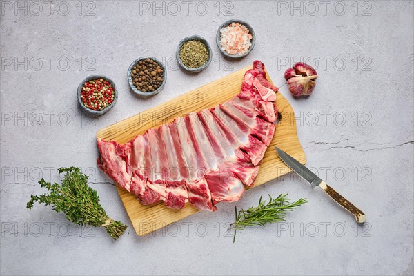 Overhead view of raw fresh deer ribs with spice and herb over concrete background