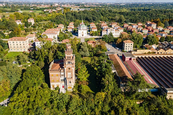 Aerial of the Unesco world heritage site "company town". Crespi dÂ´Adda