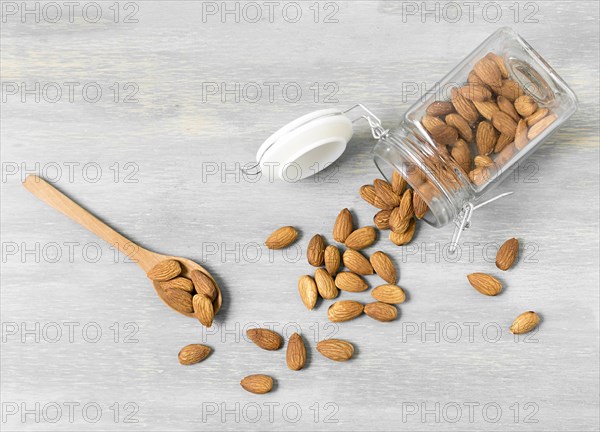 Top view almonds jar with spoons. Resolution and high quality beautiful photo