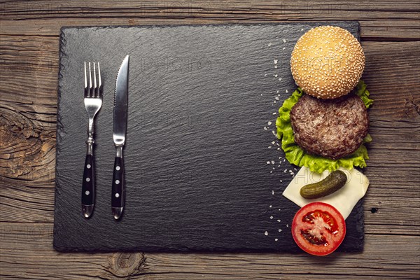Top view burger ingredients slate board. Resolution and high quality beautiful photo