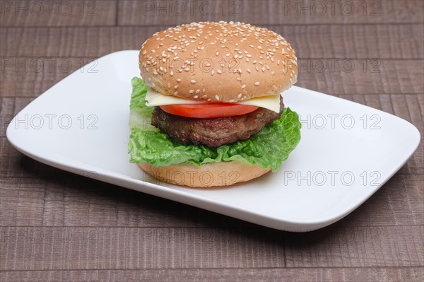 Fresh tasty burger on plate on wooden table