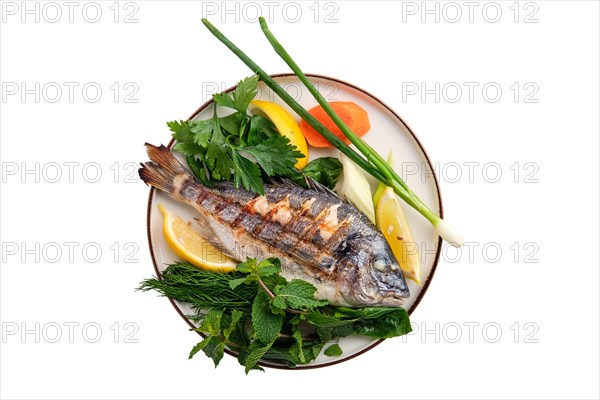 Fried dorada on plate isolated on white background