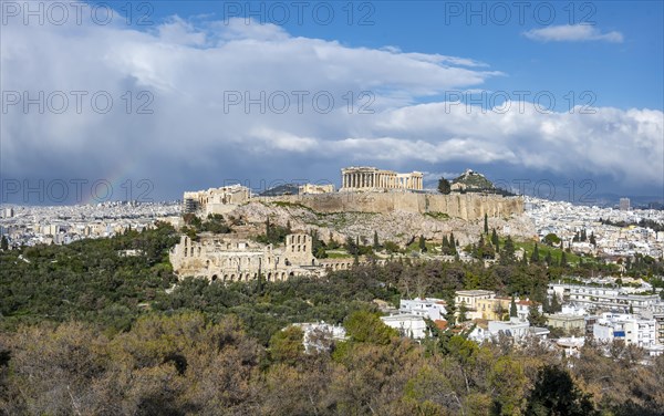 View from Philopappos Hill over the city with rainbow