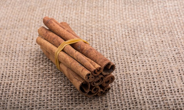 Bundle of cinnamon sticks on a linen canvas background