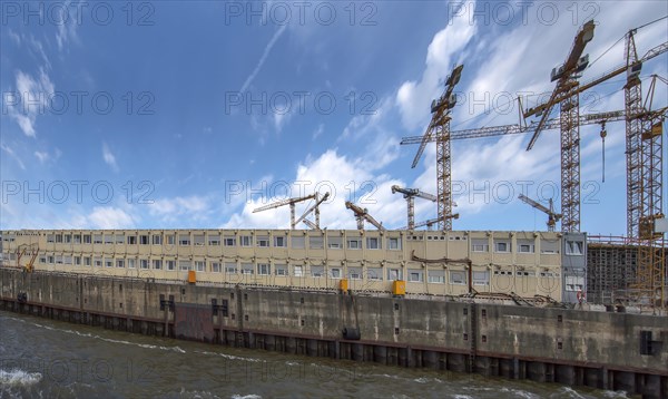 Construction container for planners and workers on a large construction site in the Port of Hamburg