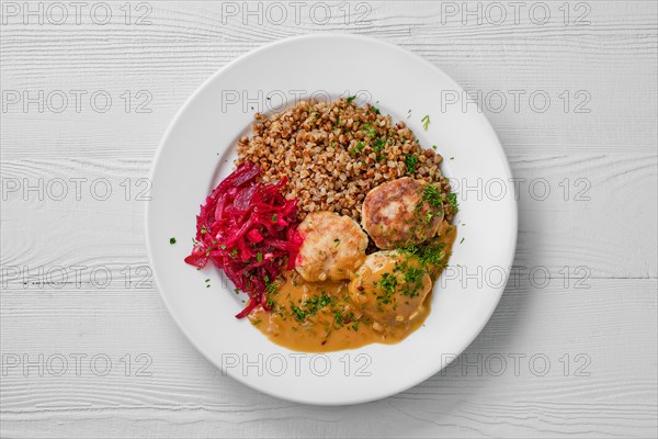 Top view of plate with meatballs