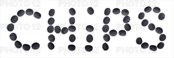 Inscription potato chips made of black chips isolated on white