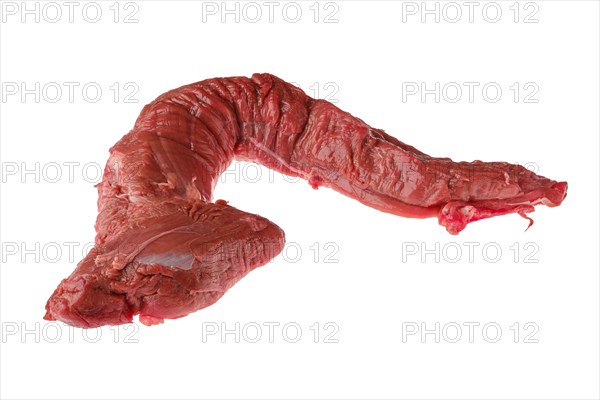 Overhead view of raw fresh top round beef strip isolated on white background