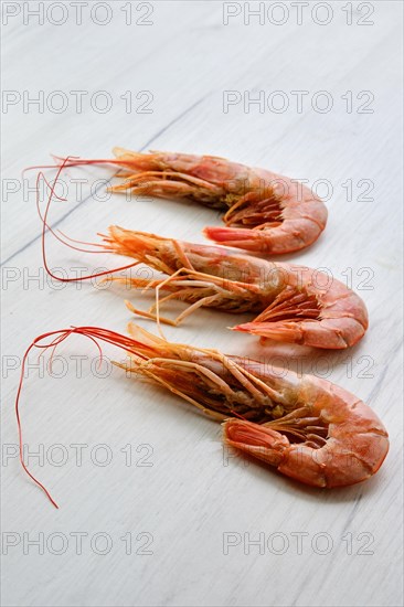 Three fresh raw prawns on wooden background