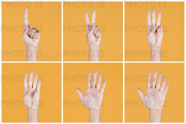 Collage one five fingers count signs yellow backdrop