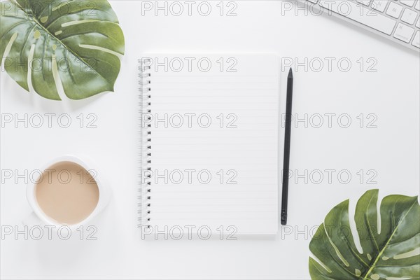 Notebook near coffee cup keyboard table with green leaves