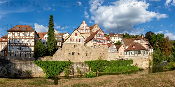 Half-timbered houses from the Middle Ages Town on the Kocher River Panorama in Schwaebisch Hall