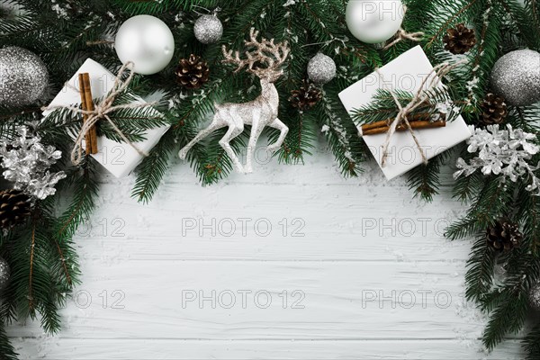 Christmas twig with silver deer present boxes