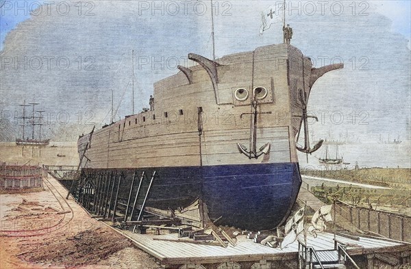 The ironclad Frederick the Great on the stack in the shipyard of Kiel