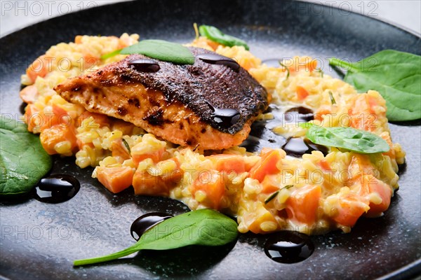 Closeup view of fried salmon steak served with bulgur and sweet potato on a plate