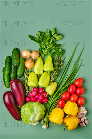 Fresh vegetables scattered on pale green background