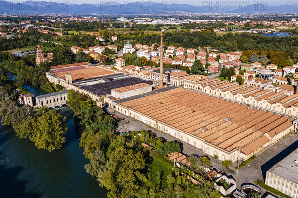 Aerial of the Unesco world heritage site "company town". Crespi dÂ´Adda