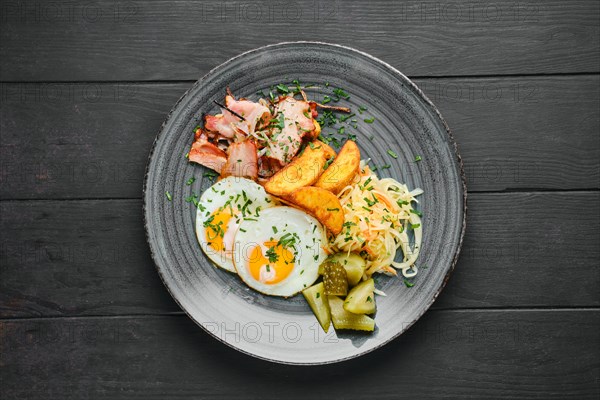 Overhead view of fried eggs