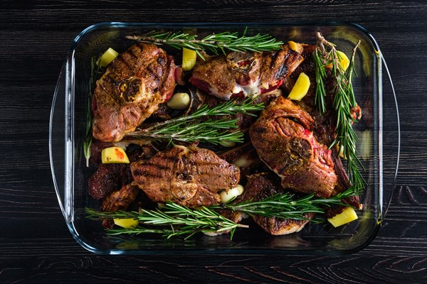 Top view of lamb meat baked in oven