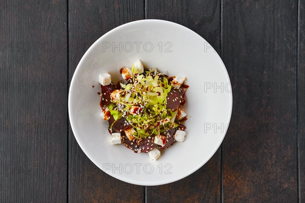 Top view of salad with boiled beetroot