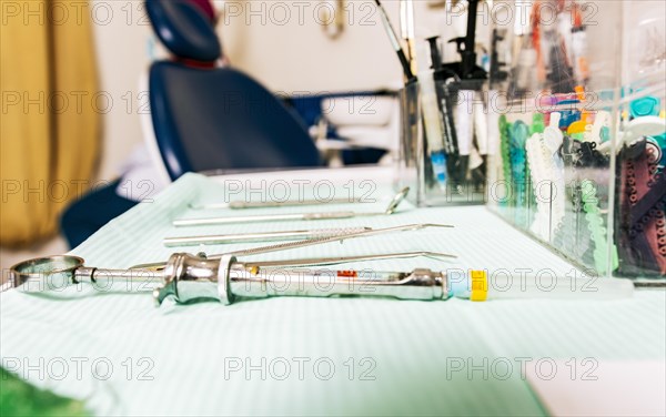 Set of dental tools on dentist's panel. Stomatologist tools close-up on table. Close up of dental tools on dentist's table