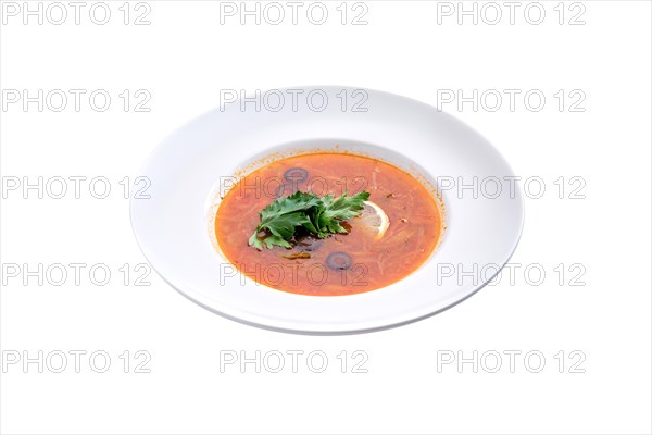 Traditional solyanka sour soup isolated on white background
