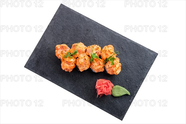 Set of hot rolls with baked salmon isolated on white background